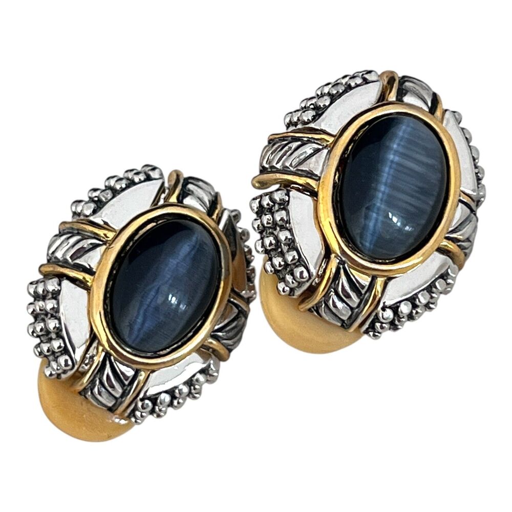Vintage 1980s Moonglow Cabochon Earrings Two Tone Silver Gold Tone - 6N